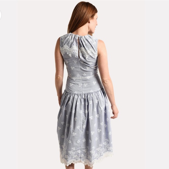 Monique Lhuillier Blue Sleeveless Embroidered Lace Poplin Midi Dress Size 14 - Picture 5 of 16